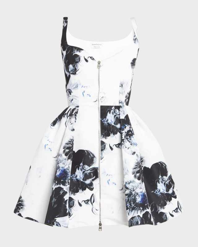 Floral-Print Zip-Front Sleeveless Mini Day Dress